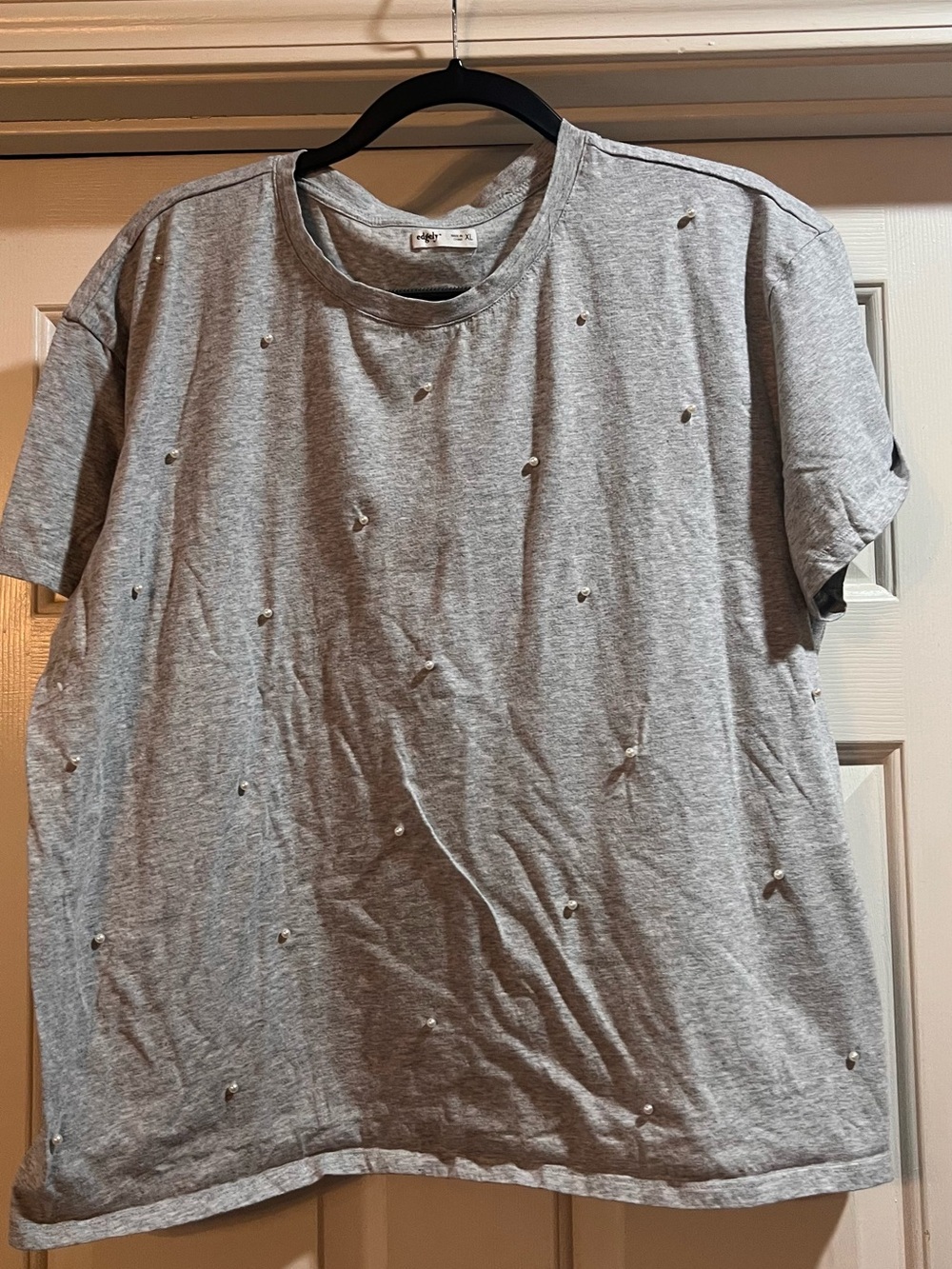Grey Short-Sleeve T-Shirt with Pearl Stud Detail -
